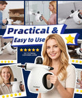 Powerful Handheld Steam Cleaner With Huge Tank And 11 Nifty Accessories For Deep Cleaning Cars Furniture Floors Kitchens Windows And More Featuring Safety Lock Plus Quick Heating Technology That Dings Out Grime Effortlessly Without Toxic Chemicals Making held by a user in a clean, modern kitchen.