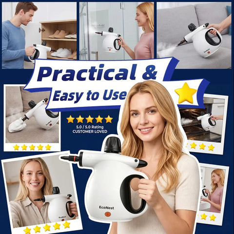 Powerful Handheld Steam Cleaner With Huge Tank And 11 Nifty Accessories For Deep Cleaning Cars Furniture Floors Kitchens Windows And More Featuring Safety Lock Plus Quick Heating Technology That Dings Out Grime Effortlessly Without Toxic Chemicals Making held by a user in a clean, modern kitchen.