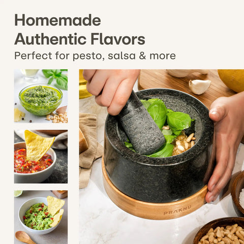 Heavy Duty Granite Mortar And Pestle Set 2 Cup Stone Grinder For Spices And Herbs With Non Slip Wooden Base Perfect For Guacamole And Salsa Pesto And Fresh Spice Blends That Crush Spices Like A Boss with fresh basil and nuts