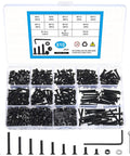 810 Piece M3 Metric Screw Assortment Kit With Flat Head Countersunk Hex Socket Cap Screws Washers Bolts And Nuts Set With Wrench In Black Finish For Go-To DIY Projects And Electronics And General Hardware Needs displayed in box