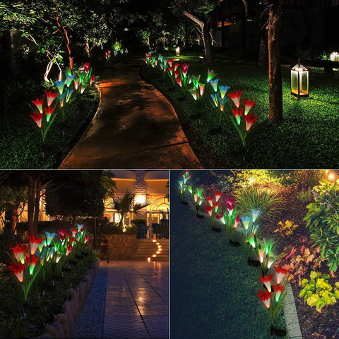 Solar Lily Garden Lights 6 Pack With 24 LED Outdoor Stake Lights Waterproof Color Changing Flower Pathway Lights For Yard