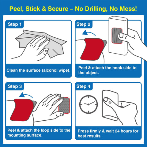 Instructions for using Heavy Duty Hook and Loop Adhesive Squares, 8 Pack, 1.97 x 1.57 inches, with step-by-step guide