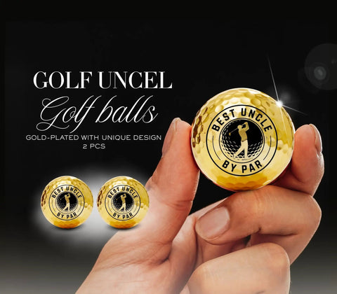 Close-up of 'Best Uncle by Par' gold-plated golf balls from Uncle Golf Gift Bundle For The Golfer In Your Life Personalized Monogram And Gold Foil Detail Dope 20oz Matte Black Tumbler Plus Luxe Accessories Perfect Birthday Or Christmas Gift For Uncle Cool Golf Gear.