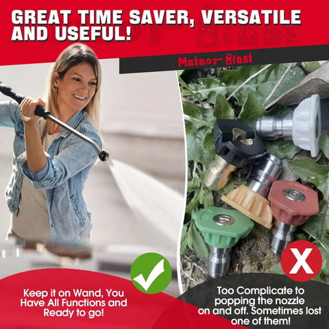 Person using 6 In 1 Pressure Washer Nozzle Tips With Quick Change, Switch Between 0, 15, 25, 40 Degree, Soap And Rinse Modes