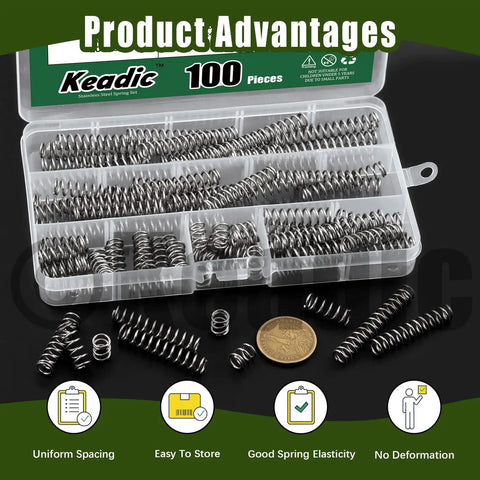 Mini Stainless Steel Compression Springs Kit 100Pcs 5 Size Assortment case open with springs and a coin for scale