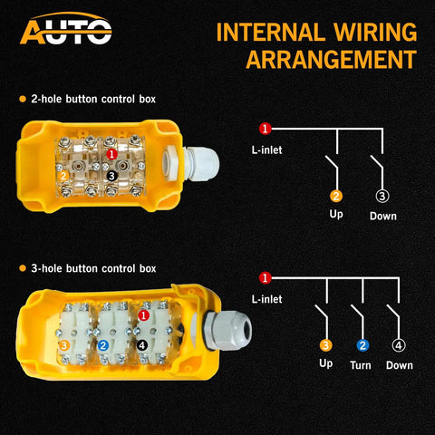 Internal wiring of Waterproof Industrial 2 Button Electric Hoist Crane Pushbutton Switches With Box Holder Cob For Up Down Driving