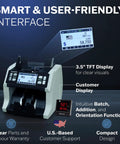 High Speed Cash Counter Machine For Mixed Denominations And Bills Up To 1500 Notes Per Minute With Advanced UV MG IR Sensor Technology portable currency scanner with clear 3.5 inch TFT display.
