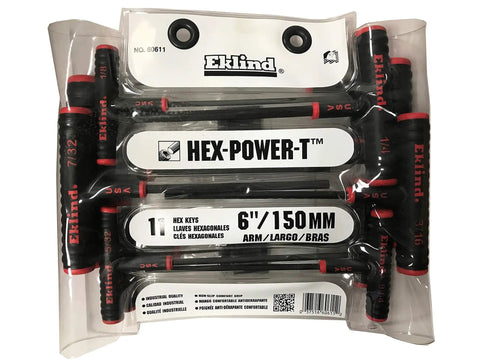 Packaging of Eklind Power-T Handle Hex Key Allen Wrench Set 11-Piece SAE Inch Sizes 5/64 To 3/8 Made in America 6-Inch Length