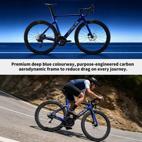 Full Carbon Racing Bike With Ultralight T800 Frame And Wheelset, Shimano R7120 24 Speed, on road with cyclist, blue color.