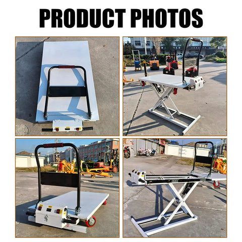 Heavy Duty Electric Hydraulic Lift Cart With 660 Lbs Capacity stainless steel scissor platform shown from different angles for material handling.