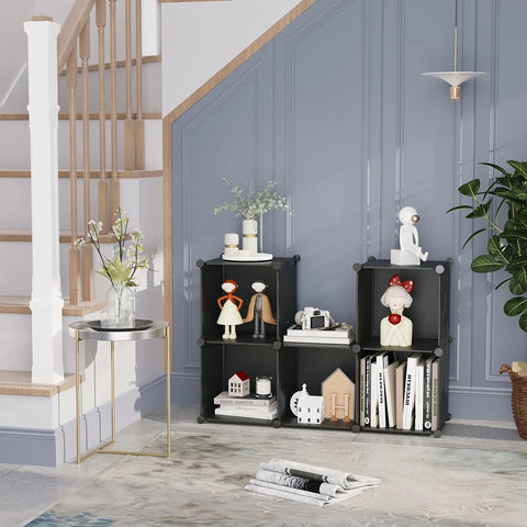 Six Cube Storage Organizer Set For Wardrobe And Home, Stackable Plastic Cubes Shelves in living room next to stairs.