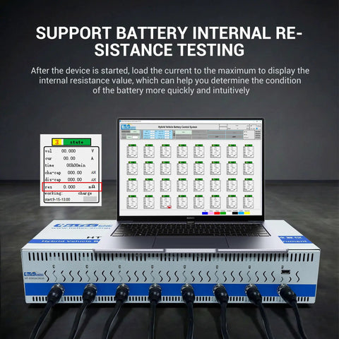 Heavy Duty Eight Channel Battery Tester With Five Amp Charge Discharge Sync Voltage Equalizer For 18650 21700 Lipo LifePo4 Cells Pro Grade Pack Builder Tool No Sweat Testing displaying battery internal resistance testing on laptop screen.