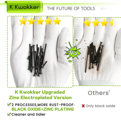 Comparison of K Kwokker zinc electroplated screws and others' black oxide screws on gloved hands.