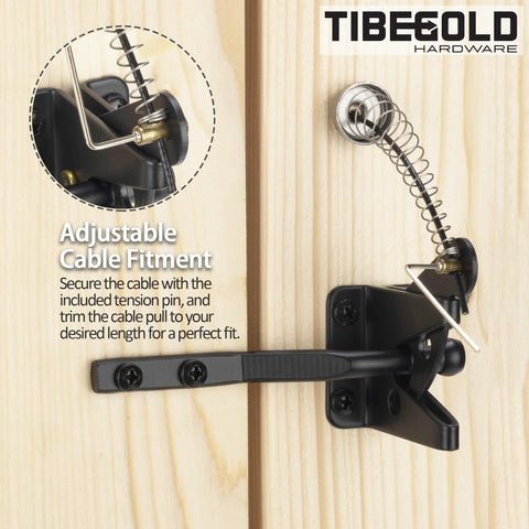 Adjustable cable fitment of Self Locking Gate Latch With Spring Cable Pull For Outdoor Gates Black Gravity Lever Door Latch
