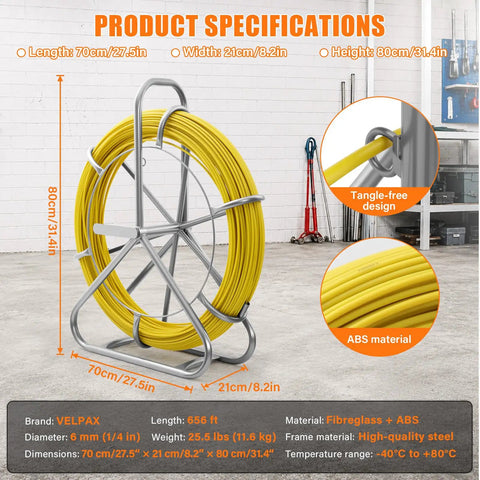 Fiberglass Fish Tape 656 Feet One Quarter Inch Duct Rodder Wire Puller Non Conductive Cable Running Rod With Pro Grade Heavy Duty Steel Reel Stand Minimum Thirteen Inch Bending Radius For Wall And Electrical Conduit Fishing Tool on steel reel