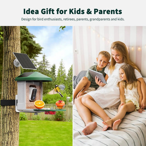 Solar Powered AI Bird Feeder With Camera, 2K HD Live Stream, Instant Arrival Alerts, Identifies 10,000 Bird Species, green installed on tree