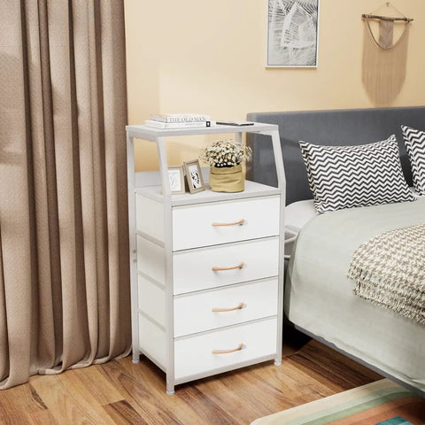 Tall 4 Drawer Dresser With Wood Top And Sturdy Steel Frame For Bedroom Or Hallway Storage Vertical Storage Nightstand Organizer In White Great For Closets Nurseries And Entryways With Space Saving Design And Easy Setup next to bed with decor on top