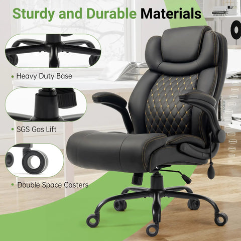 Big And Tall Office Chair With Lumbar Support For Back Pain, Breathable PU Seat, Adjustable Flip Up Armrests, Extra Wide Cushioned Swivel Desk Chair For Home Office, Black with sturdy base and casters
