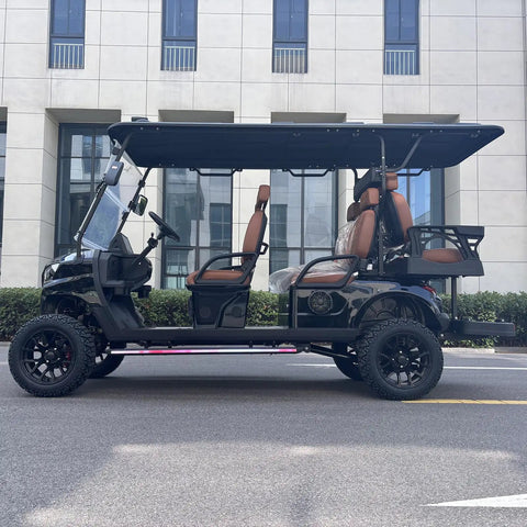 Hella Comfy 6 Seater Electric Golf Cart With Roof LED Light Bar showcasing diamond stitched leather seats and sleek headlights.
