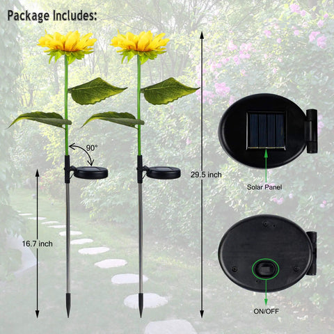 2 Pack Solar Garden Stake Lights Sunflower LED Pathway Lights For Patio Lawn Garden Yard Outdoor Decor with solar panel