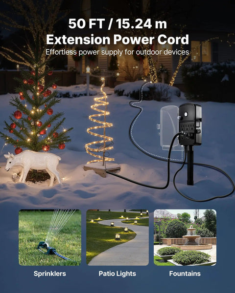 Outdoor Power Stake With Weatherproof Cover And Overload Protection No Fuss 50 Ft Extension Cord Six Outlets 15A 1875W Waterproof Power Strip For Halloween And Christmas Lights And Other Outdoor Gadgets. 50 ft outdoor power stake for winter holiday lights