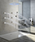 Brushed Nickel Shower System With 12 Inch LED Rain Head And Six Body Sprays Hand Shower Wall Mounted Thermostatic Brass Valve