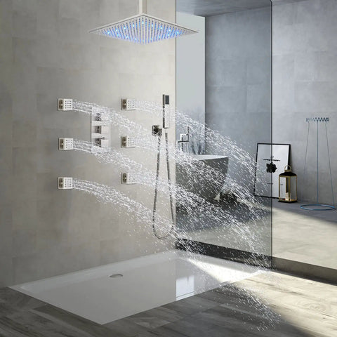 Brushed Nickel Shower System With 12 Inch LED Rain Head And Six Body Sprays Hand Shower Wall Mounted Thermostatic Brass Valve