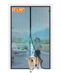 Magnetic Screen Door for 32x80 Openings, black mesh, showing child and dog passing through, outdoor patio view