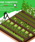 Illustration showing Heavy Duty Thickened Flat Soaker Hose 100Ft With Copper Joint in veggie patch with watering instructions.