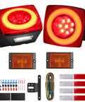Submersible LED Trailer Light Kit With 26 Foot Wiring Harness And 2 Side Marker Lights Reflective Stickers Stop Turn Tail License Lights For Boat Trailer 12V DOT Certified showing two LED taillights, orange side markers, wiring, and accessories