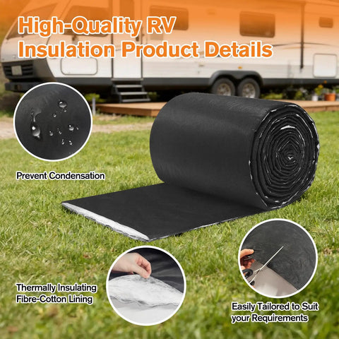 Premium Van Conversion Insulation Roll, Water Repellent Thermal And Sound Deadening Barrier, 16.5 X 315 Inches laid out on grass with details.