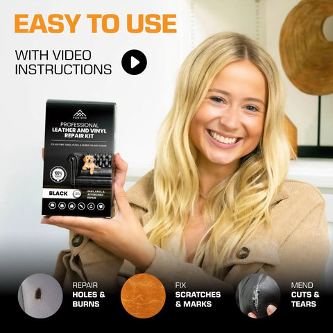 Woman holding All-In-One Black Leather Repair Kit For Cars, Furniture, Couches, Boots, And Purses - Quick Scratch Repair And Leather Restoration