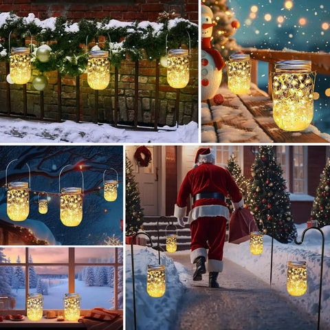 Solar Mason Jar Lid Lights 12 Pack With 30 LEDs For Outdoor Use Fairy In A Jar Style String Lights at night in winter decor.
