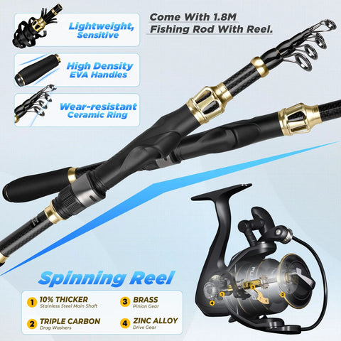 All In One Fishing Gear Kit With Telescopic Rod And Reel Net Tackle Box Rod Holders And Backpack Ready For Freshwater And Saltwater Angling A Killer Gift For Men Who Love To Fish showing telescopic rod and reel details