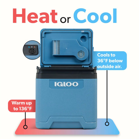 Hella Chill Thermoelectric Cooler And Warmer With Solid Performance For Road Trips Truck RV Car And Home Dual Voltage 12V open lid showing cooling and warming controls.