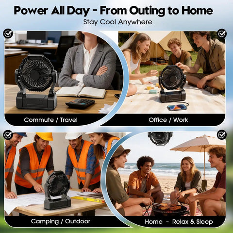 Ultra Durable 24000mAh Rechargeable Camping Fan with LED Light shown in home, office, travel, and outdoor settings