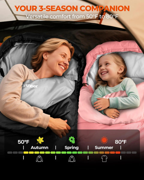 All Season Sleeping Bag For Adults And Kids Waterproof And Lightweight, cozy family camping scene in three-season bags.