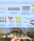All In One Fishing Lures Tackle Box Kit With Animated Lure Crankbaits Spinnerbaits Hooks for Bass Trout Salmon shown with fish and accessories
