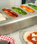Pizza Topping Station Kit With 2 x 1.6L And 4 x 0.8L Containers, Custom Fit Lids, Outdoor Pizza Oven Accessories For Backyard Parties And Home Kitchens, Outdoor Grilling Setup showing stainless steel containers with pizza ingredients