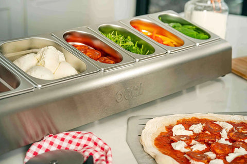 Pizza Topping Station Kit With 2 x 1.6L And 4 x 0.8L Containers, Custom Fit Lids, Outdoor Pizza Oven Accessories For Backyard Parties And Home Kitchens, Outdoor Grilling Setup showing stainless steel containers with pizza ingredients
