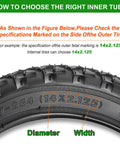 Close-up of 14x2.125 marking on heavy duty bike tire with instructions on choosing the right size for inner tubes.