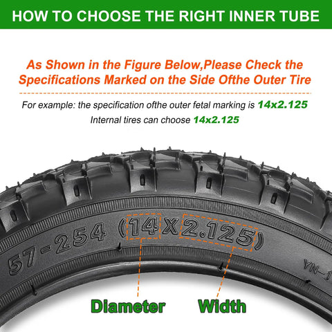 Close-up of 14x2.125 marking on heavy duty bike tire with instructions on choosing the right size for inner tubes.