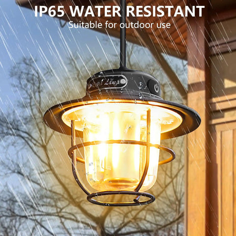Rechargeable Camping Lantern with 1000 Lumens, 360 Degree LED Light shown in rain highlighting IP65 water resistance