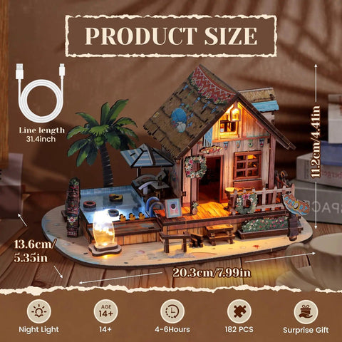 Hawaiian Vacation Beach House 3D Wooden Puzzle Kit With LED Light For Adults, 187 Pieces DIY Model Building Kit, displayed lit up.