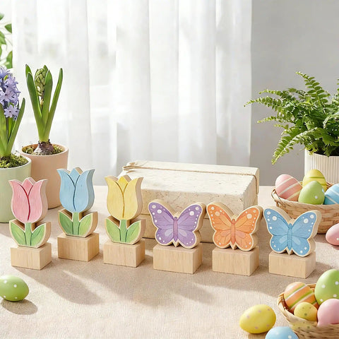 Spring Wood Cutouts Painting Kit 6 Pack Tulip And Butterfly Shapes Unfinished Blank Wood Slices With Art Supplies display