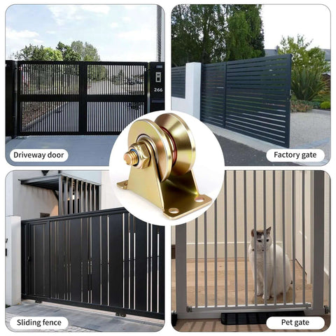 Center close-up of NouraVita 2in V-groove gate caster with bracket; heavy-duty brass-tone metal, 4-pack, 2500 lb capacity