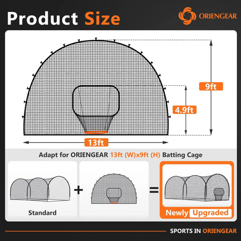 Batting Cage Door Net 9x13 Ft With Sock Style Baseball Net And 20 D Shape Carabiners For Pitching Machines Fits Batting Cages