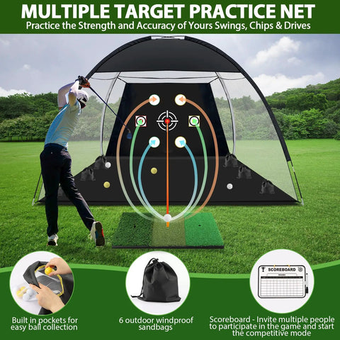 Golfer using 10x7 Foot Practice Golf Net Kit with Tri Turf Mat Balls Tee for outdoor chipping and driving practice