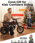 Child receiving dirt bike gift with father, Christmas tree in background, highlighting 4PR Dirt Bike Training Wheels Kit With Adjustable Height For Mini Bikes And Dirt Bikes Kid Friendly Easy Install Compatible With MX Series And Honda Z50 Coleman CT100U Motovox MBX10 MBX11 Trailmaster Oryxearth Mini Bikes 10 Years Warranty.