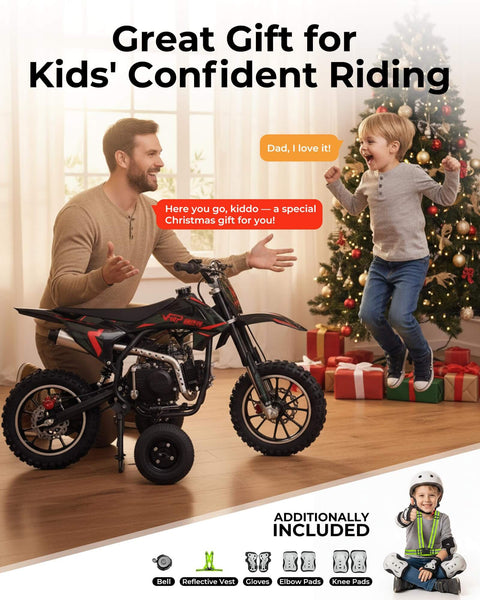 Child receiving dirt bike gift with father, Christmas tree in background, highlighting 4PR Dirt Bike Training Wheels Kit With Adjustable Height For Mini Bikes And Dirt Bikes Kid Friendly Easy Install Compatible With MX Series And Honda Z50 Coleman CT100U Motovox MBX10 MBX11 Trailmaster Oryxearth Mini Bikes 10 Years Warranty.